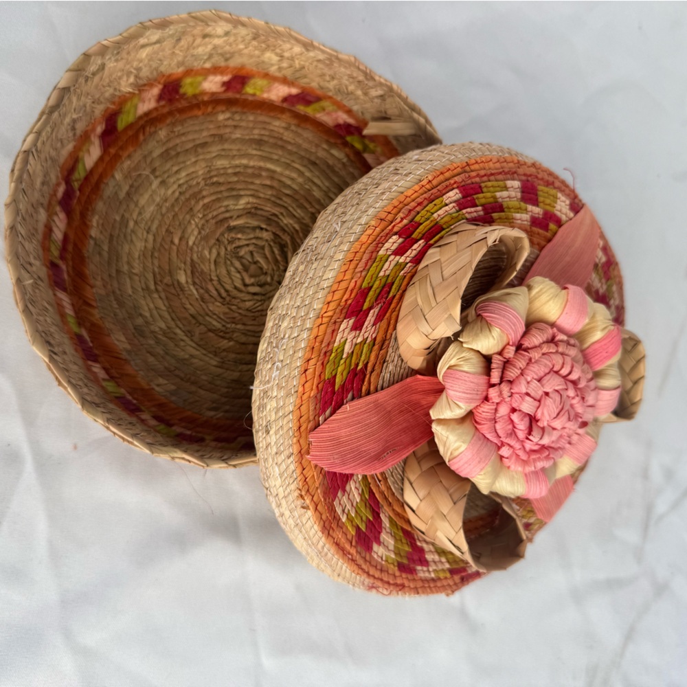 Handcrafted Pink and Tan Woven Basket / tortilla basket